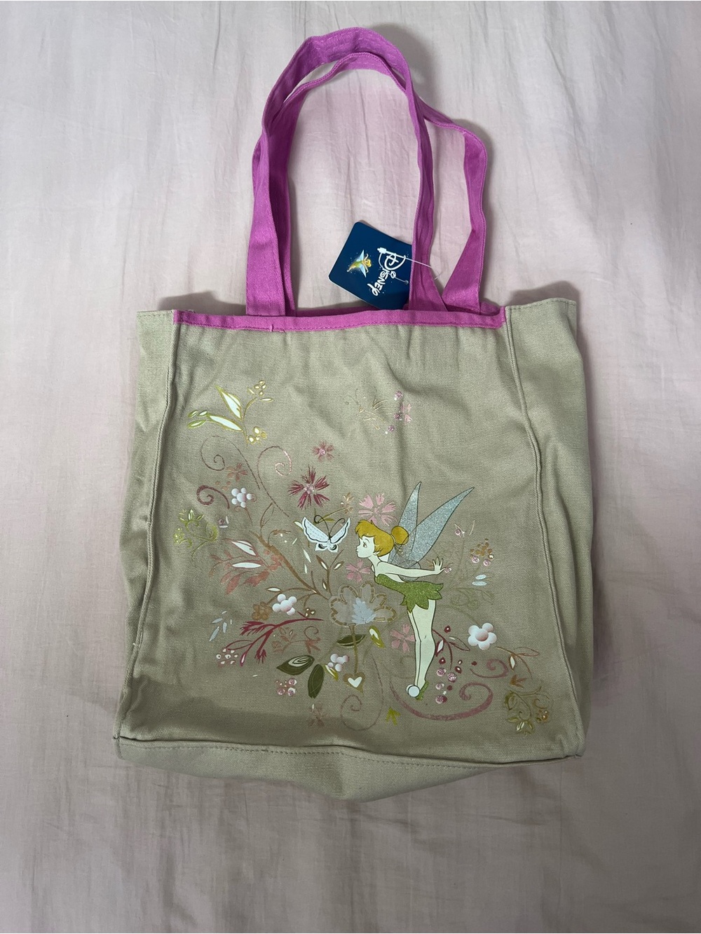 Disney Tinker Bell Beige Canvas Tote with Pink Handles